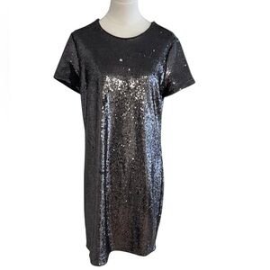 Lauren Ralph Lauren Sequin Short Sleeve Mini Dress Size 10 Party Black Gray Date